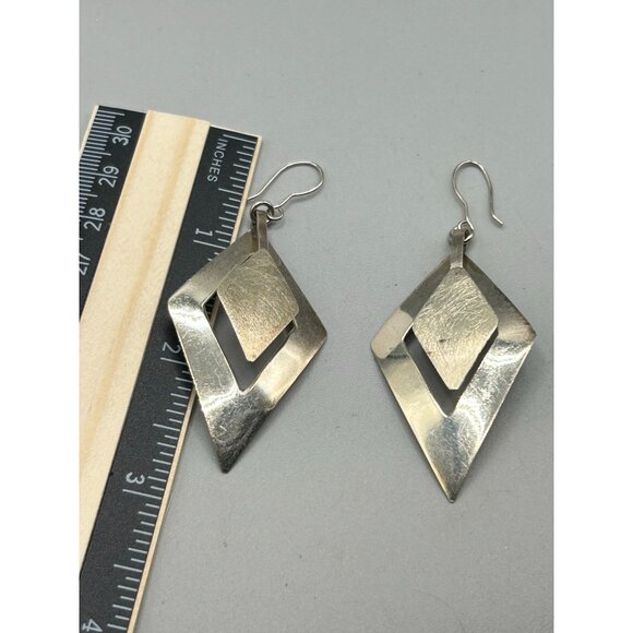 Sterling Silver Diamond Shaped Dangles Earrings Pierced Drops 925 Textured - Picture 6 of 6